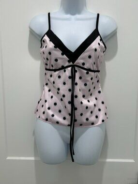 Pink and black polka dot v neck top